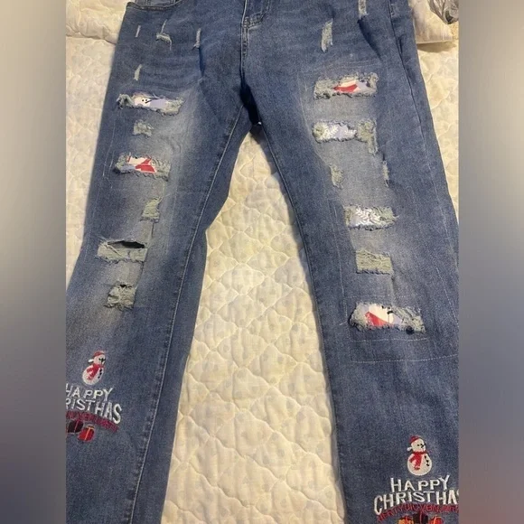 women boyfriend ripped Christmas jeans snowman’s inside holes size XL - Picture 2 of 5